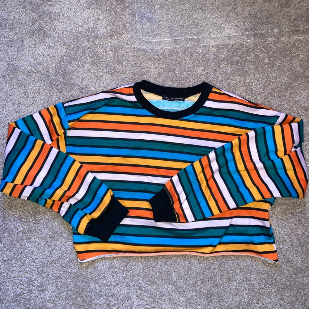 milticolor cropped long sleeve tee from rag stock, size medium